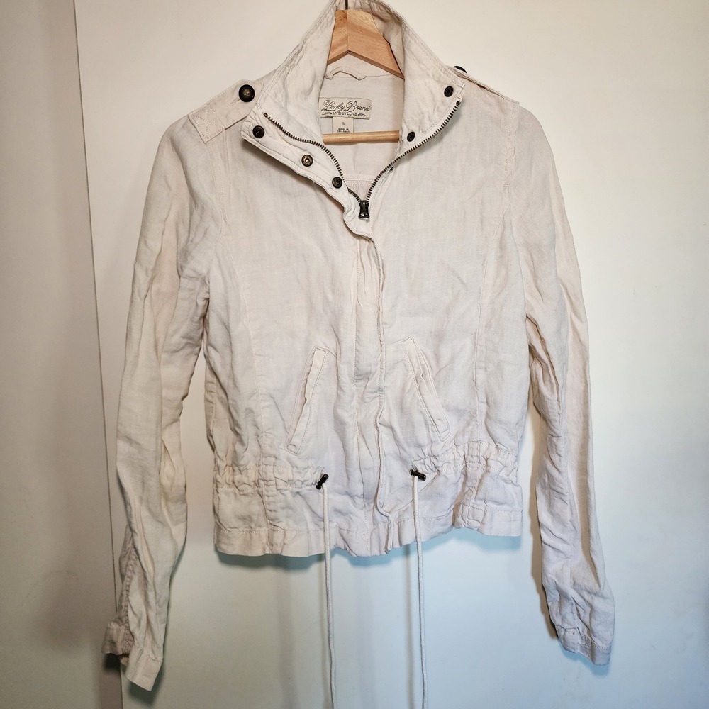 Lucky Brand Utility Jacket Women S Cream Linen Funnel Neck 7W30431 Excellent